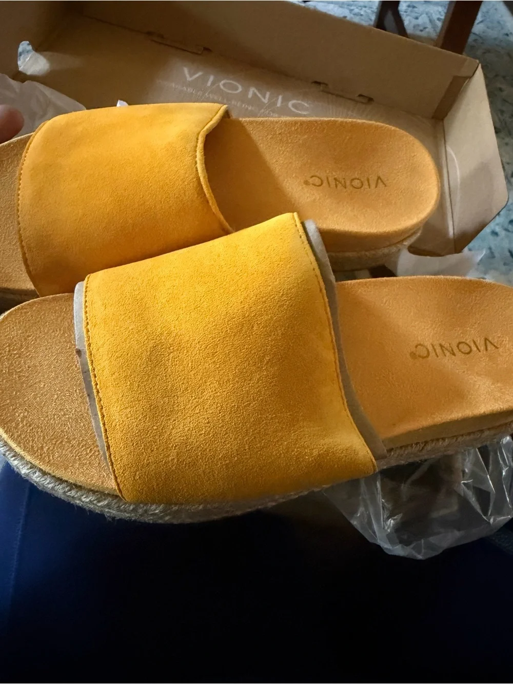 Vionic Amber Yellow Suede Slide Sandals